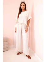 Dámský komplet z viskózy s ozdobným květem a širokými kalhotami - béžový