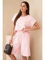 Dámská bavlněná souprava tričko krátký rukáv a kraťasy s gumou v pase pudrově růžová