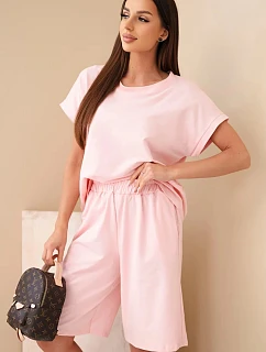 Dámska bavlnená súprava trička s krátkym rukávom a šortiek s elastickým pásom púdrovo ružová