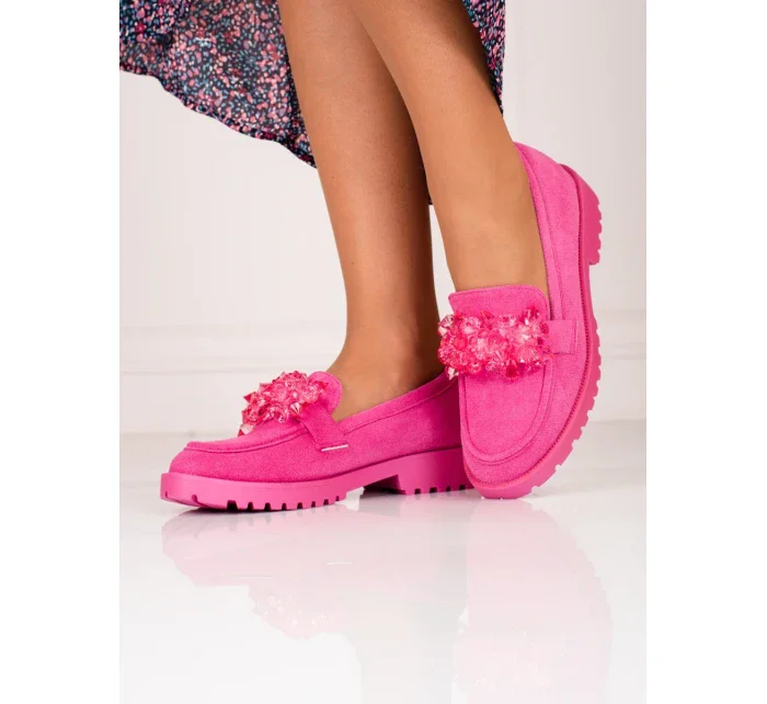 Stylové mokasíny dámské růžové na plochém podpatku Stylové mokasíny dámské růžové na plochém podpatku