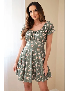 Dámske kvetinové šaty s volánovými rukávmi a elastickým pásom khaki farby