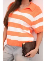 Dámsky pruhovaný sveter s golierom a krátkymi rukávmi oranžový