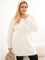 Dámský pletený svetřík Plus Size z pleteniny krajkový s dlouhým rukávem béžový Dámský pletený svetřík Plus Size z pleteniny krajkový s dlouhým rukávem béžový