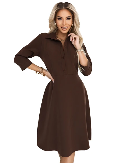 model 21400254 SANDY Košilové halenkové šaty s páskem čokoládové - numoco