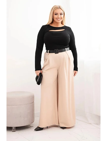 Dámské kalhoty Plus Size s širokou nohavicí a páskem béžové