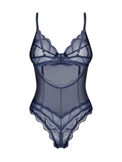 Dámske body Nightly Blue Crotchless Teddy dark blue - Obsessive
