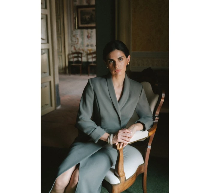 S415 Košeľové šaty viazané v páse - khaki