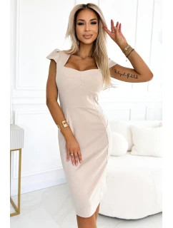 Elegantní béžové dámské midi šaty s výstřihem model 20137693 - numoco