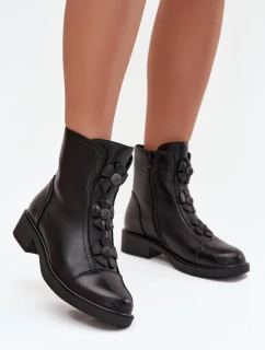 Skórzane Botki Damskie Z Ozdobnymi Kwiatkami Ocieplane Czarne Belverine