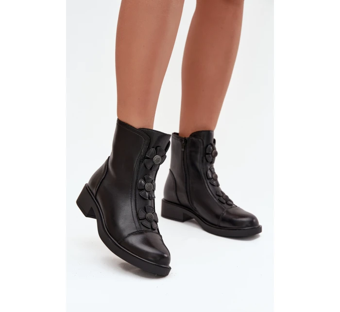 Skórzane Botki Damskie Z Ozdobnymi Kwiatkami Ocieplane Czarne Belverine Skórzane Botki Damskie Z Ozdobnymi Kwiatkami Ocieplane Czarne Belverine