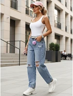 Dámske džínsy balónového strihu s odretou modrou FashionStreet UY2984