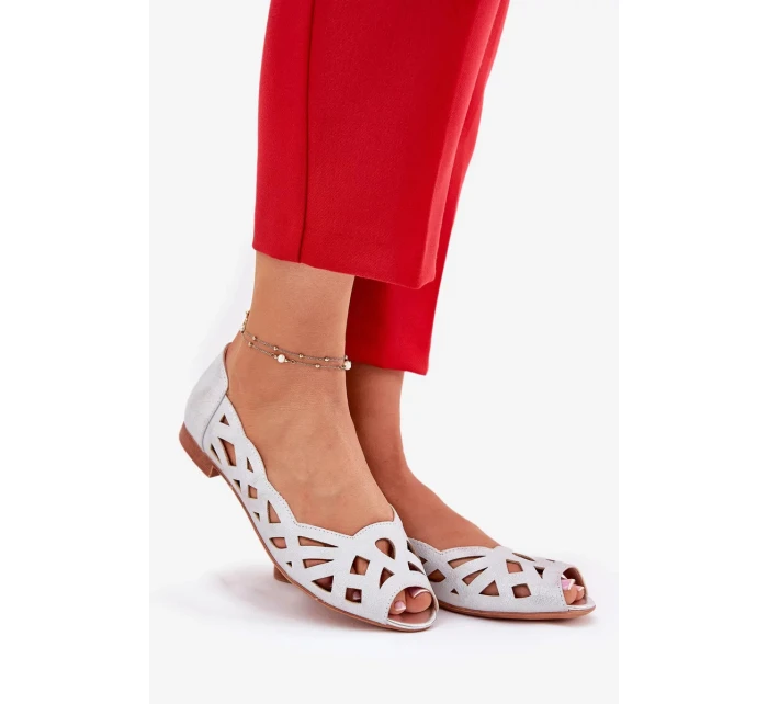 Dámske perforované baleríny Calgis s otvorenou špičkou - strieborné