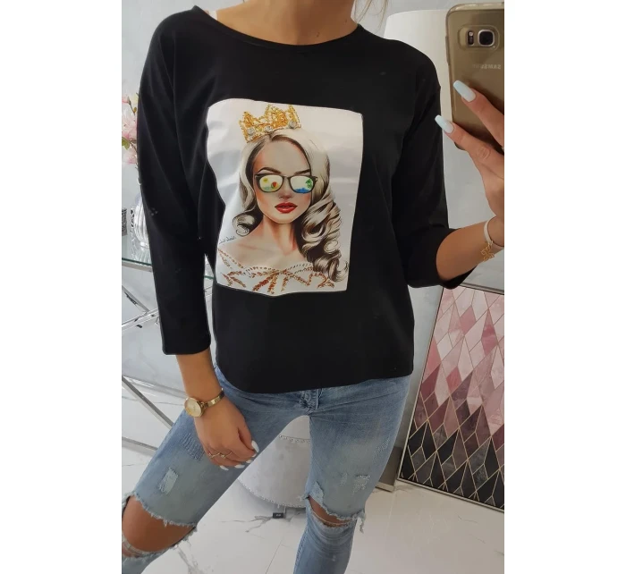 Blúzka s grafikou dievčatá v 3D okuliaroch čierna