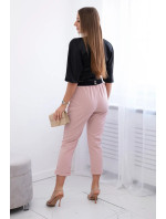 Viskózové kalhoty s ozdobným páskem pudrově růžová
