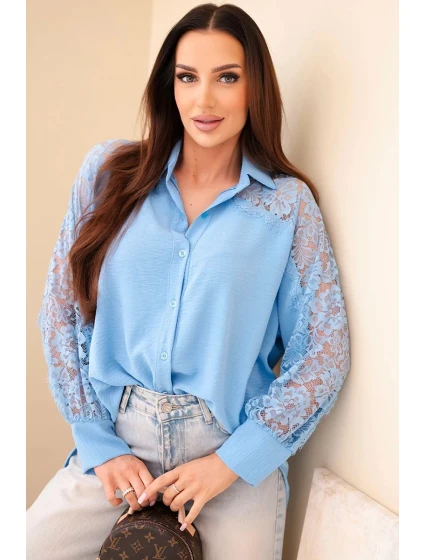 Dámská viskózová košile s krajkovými rukávy a límečkem modrá Dámská viskózová košile s krajkovými rukávy a límečkem modrá