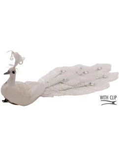 DEKORATÍVNY PÁV NA SPONKE NA OZDOBY BIELY