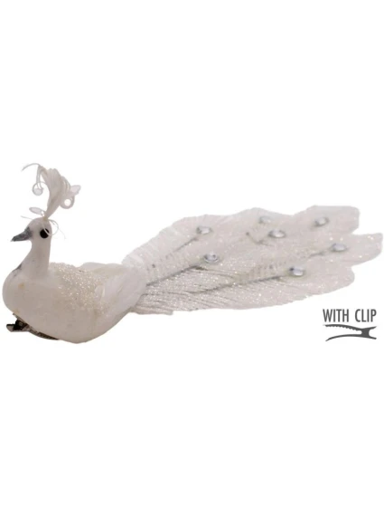 DEKORATÍVNY PÁV NA SPONKE NA OZDOBY BIELY