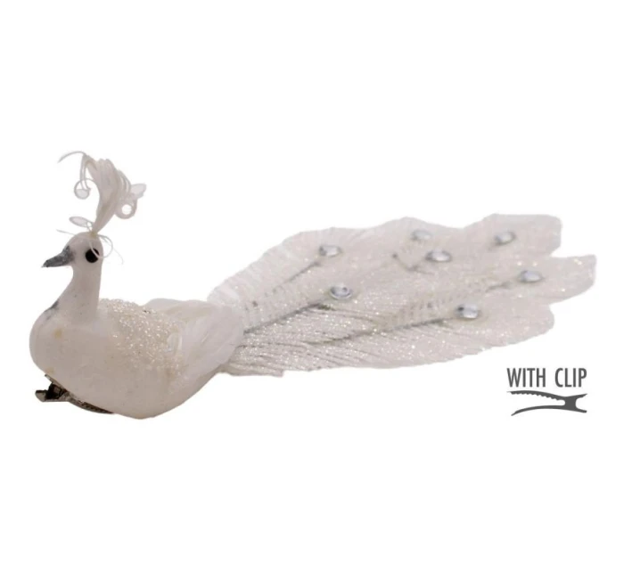 DEKORATÍVNY PÁV NA SPONKE NA OZDOBY BIELY