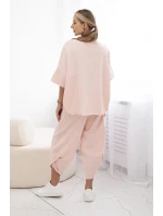Súprava bavlnená blúzka + nohavice púdrovo ružová