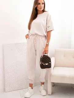 Dámsky viskózový set s krátkym rukávom a nohavicami béžovej farby