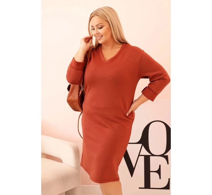 Dámske Plus veľkosť maslo V-neck šaty s rukávmi Brown
