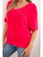 Dámsky sveter z mäkkého kožušinového materiálu s krátkymi rukávmi do V ružovej farby