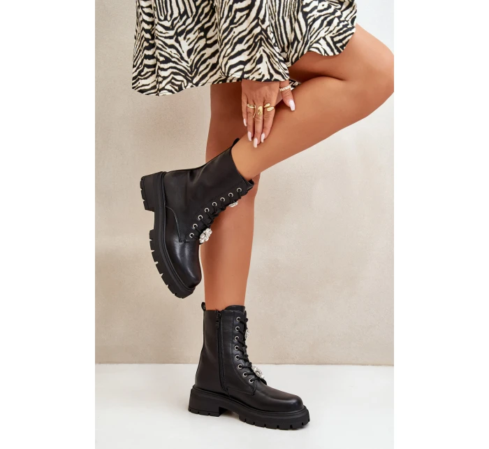 Botki Workery Damskie Eko Skórzane Z Przypinkami Czarne Kristines Botki Workery Damskie Eko Skórzane Z Przypinkami Czarne Kristines