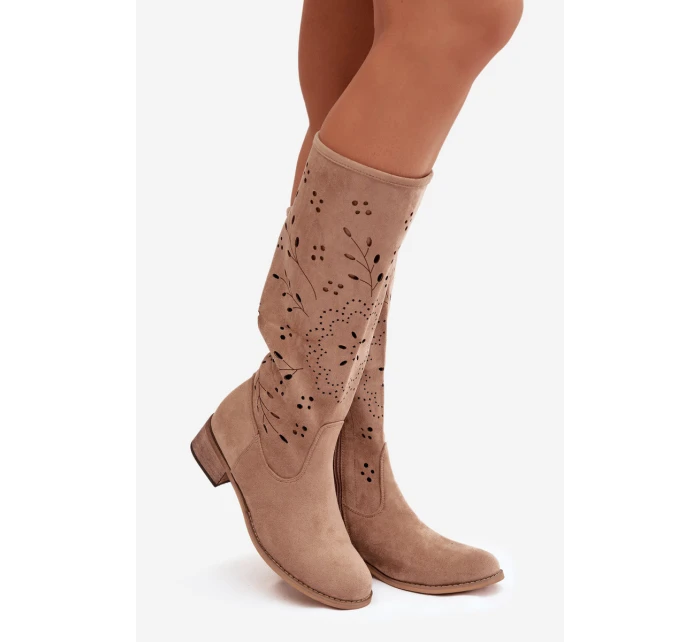 Ažurové dámské kozačky na klínu Khaki Helinna