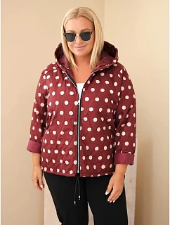 Dámska bunda Plus Size s kapucňou, bodkovaná, bordó-červená