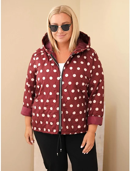 Dámska bunda Plus Size s kapucňou, bodkovaná, bordó-červená