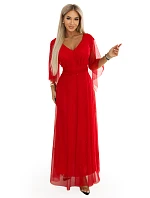 655-5 Dlhé svetlé trblietavé šaty s výstrihom a priehľadnými rukávmi - červené 655-5 Dlhé svetlé trblietavé šaty s výstrihom a priehľadnými rukávmi - červené