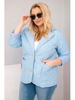 Dámske Plus veľkosť prešívané kvetinové bundy s golierom a vreckami Blue