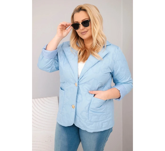 Dámske Plus veľkosť prešívané kvetinové bundy s golierom a vreckami Blue