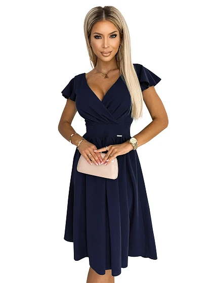 MATILDE Tmavě modré dámské šaty s výstřihem a krátkými rukávy model 18703556 - numoco