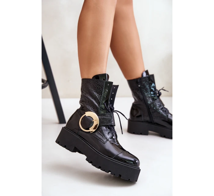 Kožené boty se zlatou sponou černé model 21672986 - Zazoo