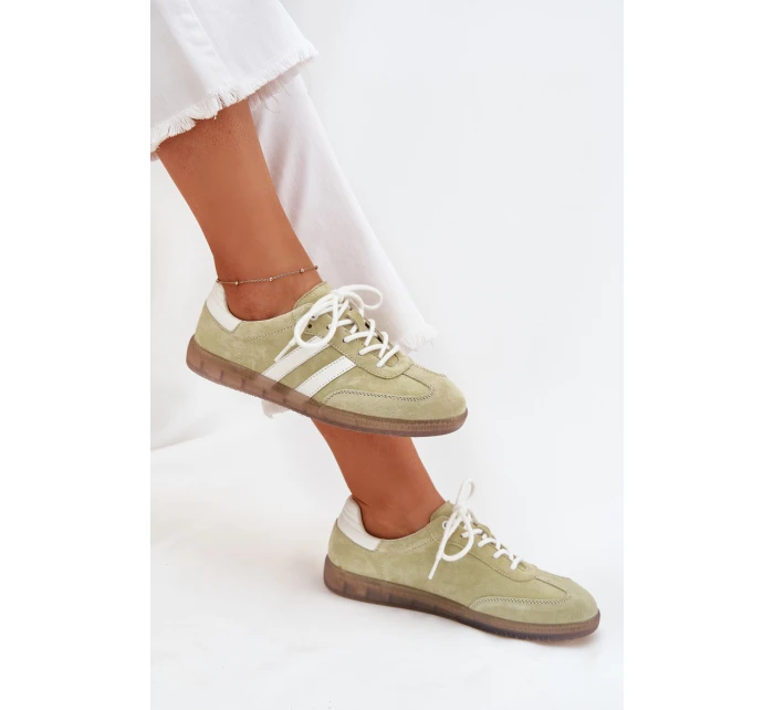 Niskie Skórzane Sneakersy Damskie Limonkowe Ismina