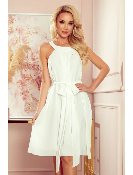 ALIZEE - Dámske šifónové šaty vo farbe ecru so zaväzovaním 350-1