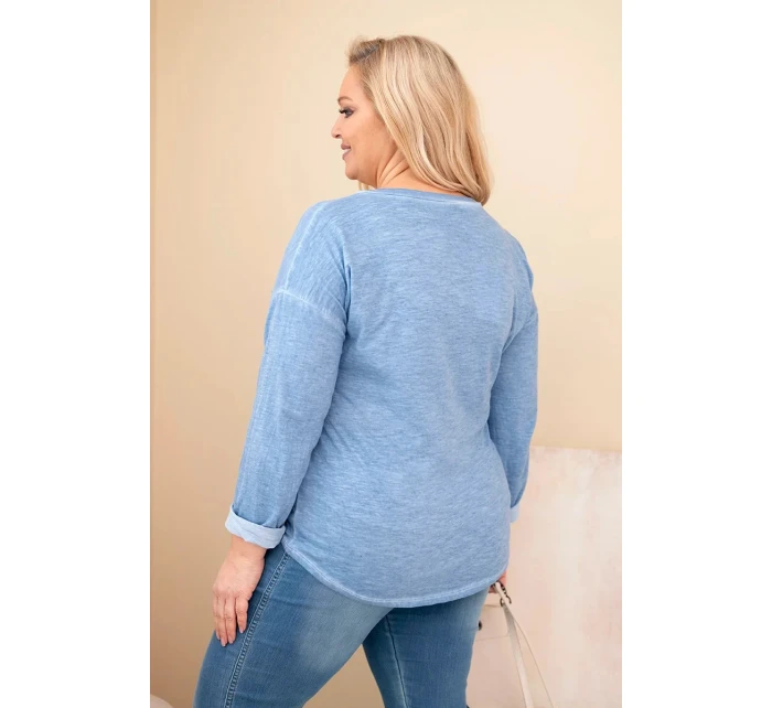 Dámská blůza Plus Size se potiskem a delší zadní částí džínová