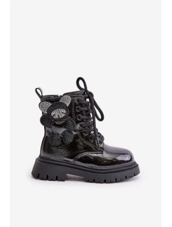 Zateplené dívčí botky s medvídkem na zip lakované černé Relobia