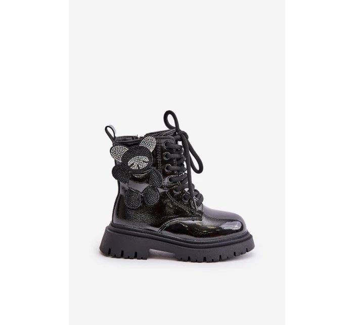 Zateplené dívčí botky s medvídkem na zip lakované černé Relobia
