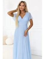 dlouhé třpytivé šaty s výstřihem a krátkými rukávy modré model 22017314 - numoco basic