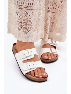 Klapki Damskie Na Korkowej Platformie Klamry Białe Evisolla