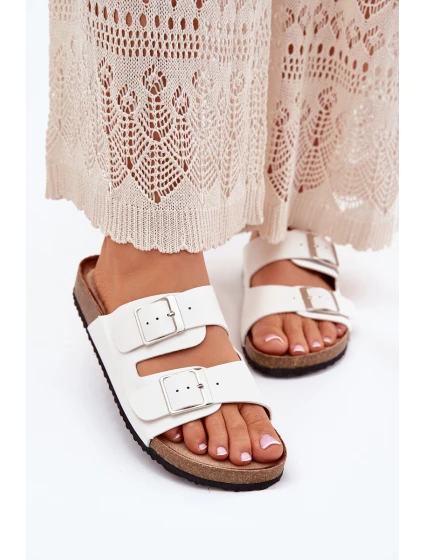 Klapki Damskie Na Korkowej Platformie Klamry Białe Evisolla Klapki Damskie Na Korkowej Platformie Klamry Białe Evisolla