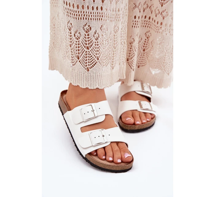 Klapki Damskie Na Korkowej Platformie Klamry Białe Evisolla Klapki Damskie Na Korkowej Platformie Klamry Białe Evisolla