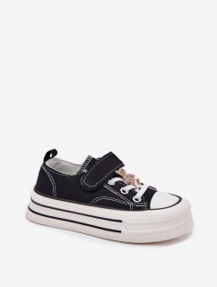 Dziewczęce Trampki Ze Złotą Przypinką Miś Czarne Solena