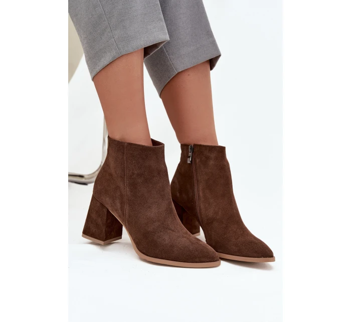 Botki Z Naturalnego Zamszu Obcas Słupek Ocieplane Brązowe Zazoo 3128