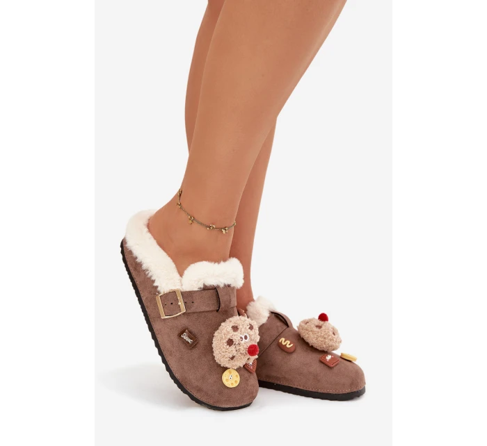 Dámské pantofle s ozdobami a přezkou vyhřívané kožešinou hnědé Thalora Dámské pantofle s ozdobami a přezkou vyhřívané kožešinou hnědé Thalora