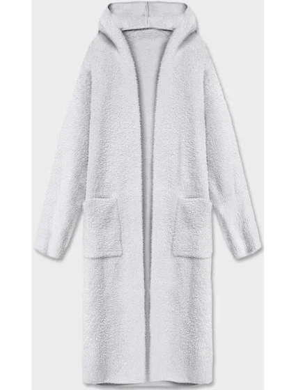 Svetlosivý dlhý vlnený prehoz cez oblečenie typu alpaka s kapucňou (M105-1)