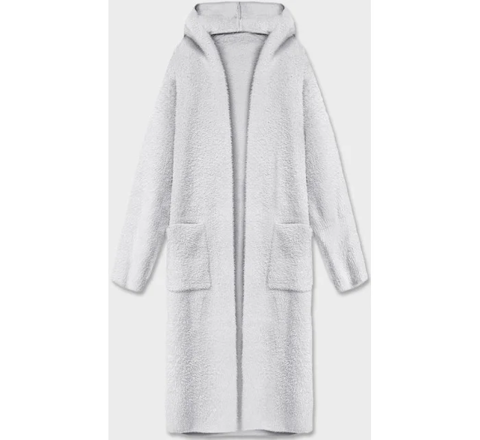 Svetlosivý dlhý vlnený prehoz cez oblečenie typu alpaka s kapucňou (M105-1)