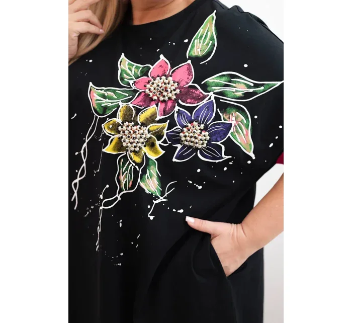 Dámske Plus veľkosť tunika s kvetinovým vzorom a dekoratívne korálky Fuchsia